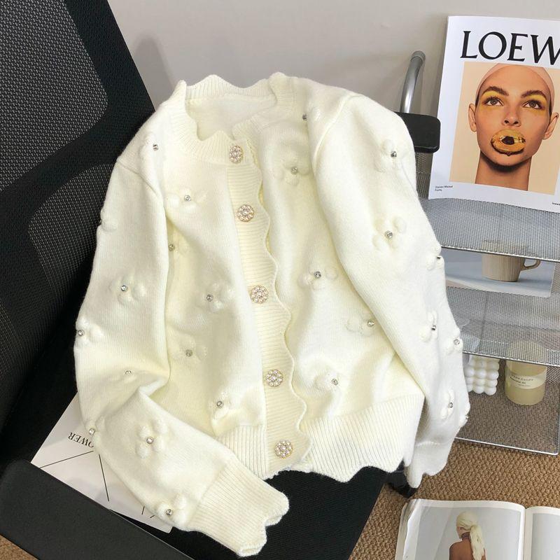 Áo Khoác Dệt Kim, Màu Trắng, Phong Cách Xã Hội, Thêu, Áo Cardigan Dệt Kim, Thích Hợp Cho Đầu Mùa Thu, Áo Khoác Len Hoa, Áo Mặc Bên Ngoài Mới Mùa Xuân, Quần Áo Nữ, 2024