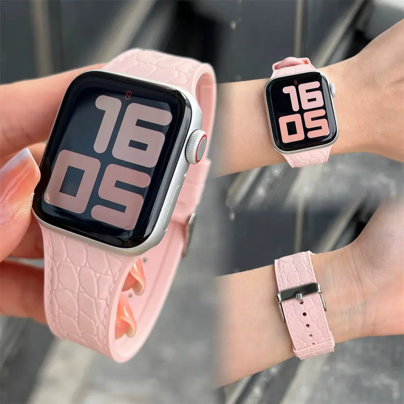Dây đeo đồng hồ silicon với kết cấu cá sấu, dây đeo cho Apple Watch S9 /8/7/6/5/4/3/ 2 / 1 SE2 ULTRA, thiết kế khóa pin, dây đeo thay thế silicon mềm cho iWatch 49MM 45 44 42 41 40 38 6