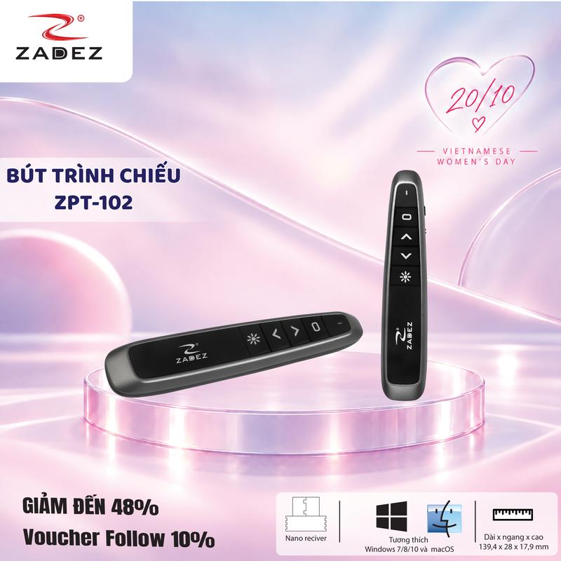Bút trình chiếu không dây ZADEZ ZPT-102, USB 2.4GHz, trỏ LASER ánh sáng đỏ