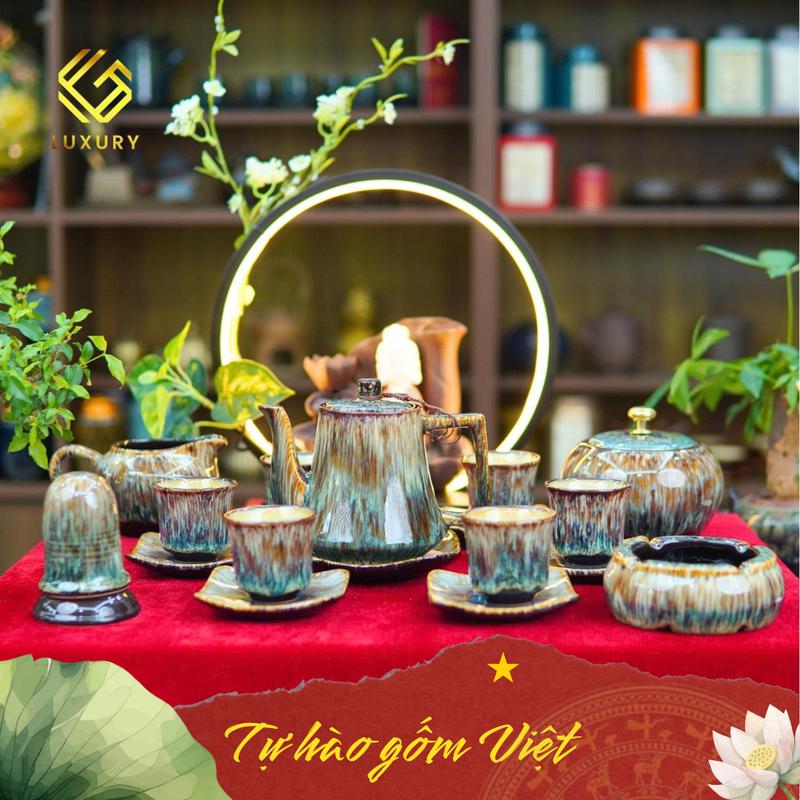 FULL PHỤ KIỆN Bộ Ấm Chén Thạch Hoa Viên Đầy Đủ Phụ Kiện - Ấm Chén Bát Tràng - Gốm sứ Luxury