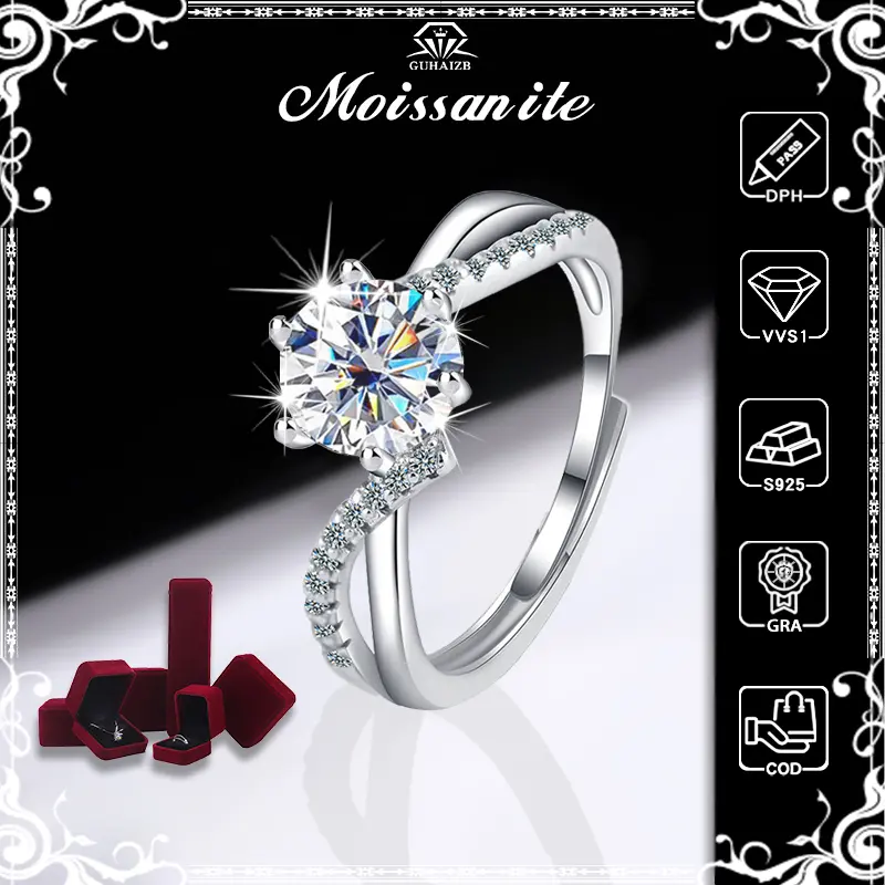 (COD)  Cincin berlian Moissanite Perak asli 925 Bersertifikat GRA SY-6 Adjustable Cincin Wanita hadiah pertunangan