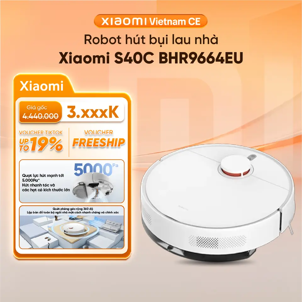 Robot hút bụi lau nhà Xiaomi Robot Vacuum S40C EU BHR9664EU | Lực hút 5000Pa | Kiểm soát lưu lượng nước | Bảo hành 12 tháng