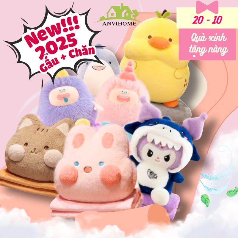 Anvihome 2025 - Gấu bông kèm chăn mền - Gấu bông quái vật lele, kuromi, mèo hoàng thượng, labubu, capybara, vịt, cá heo, mèo, stitch ôm vịt