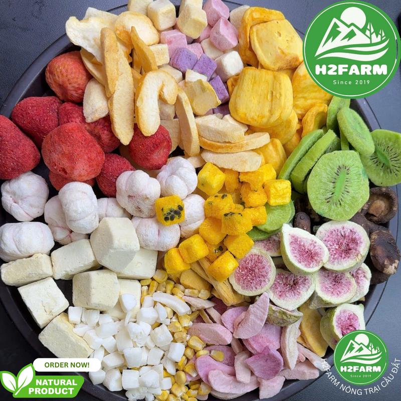 Túi MIX 12 Vị Trái Cây Sấy Thăng Hoa - H2Farm - ( Sầu Riêng , Măng Cụt , Dâu , Viên Snack , Đào , Xoài , Kiwi , Nấm Hương , Mít , Sung , Xoài ) - Ăn Vặt Food - Snack Food