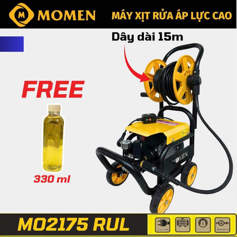 Máy Rửa Xe Gia Đình Momen 2175RUL Lõi Đồng Đầy Đủ Phụ Kiện- Dây Dài 15m + Lọ Dung Dịch 330ml Có Rulo Cuốn Dây Và Khung 4 Bánh Xe