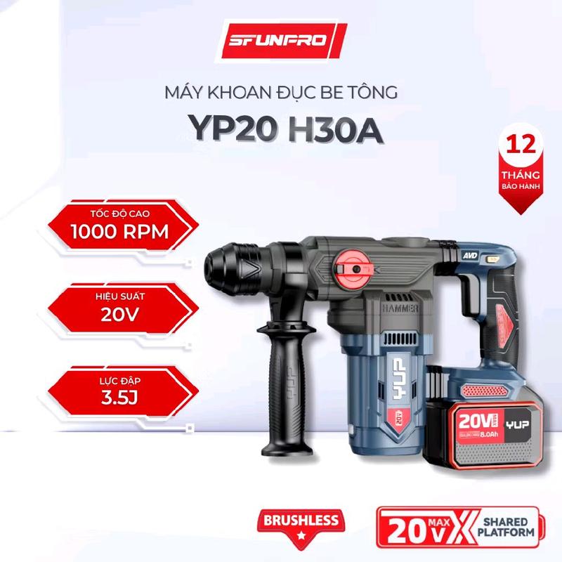 Chính hãng Máy Khoan Đục Bê Tông pin YUPAI YP20 H30A YUPAI Nhỏ Gọn 2 chức năng Siêu Khỏe lực 3.5J không chổi than chân pin phổ thông