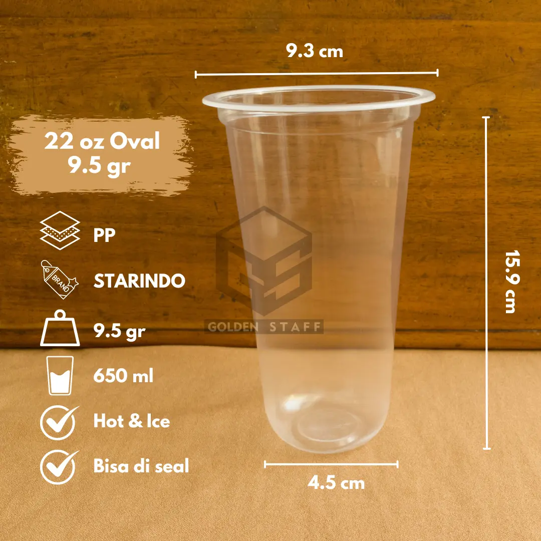 (50 pcs) Gelas Plastik Cup Oval | PP 22 oz 9.5g | Merk Starindo | Hot & Ice | Bisa di Seal