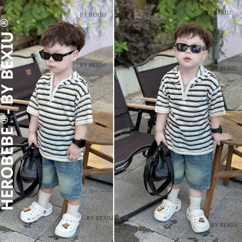 Bộ Quần Áo Bé Trai Cá Tính Gồm Áo Hoodie Mỏng Kẻ Sọc & Quần Jean Lửng Cho Bé 9–27kg By HEROBEBE