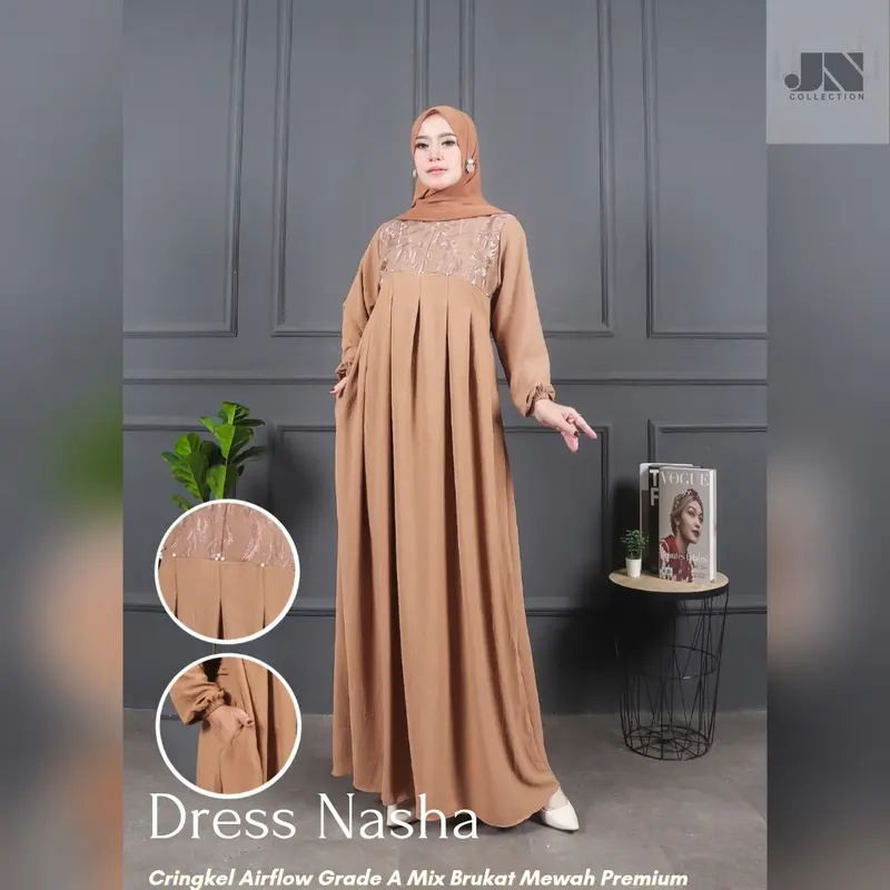 Dress Gamis Nasha Cringkel Airflow Grade A Variasi Brukat Elegan 1