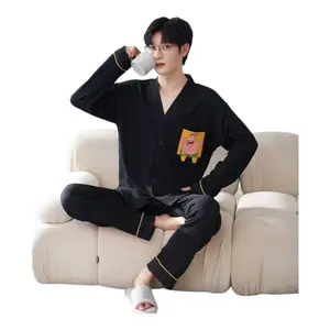 Baju tidur piyama cowok/pria kancing pp bahan kaos tebal Celana Katun Panjang Setelan