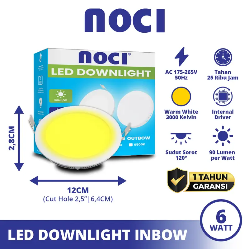 Noci Lampu LED Downlight Inbow Lampu Plafon Rumah 6-18 Watt | 2,5-8 Inch, Cahaya Kuning 3000K/Netral 4000K/Putih 6500K Super Terang Hemat Daya