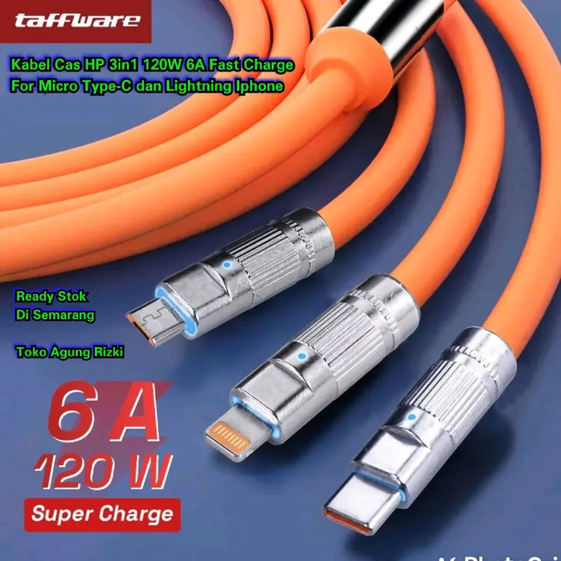Kabel Cas HP 3in1 120W 6A Fast Charge Cable 3 In 1 For Micro Type-C Lightning Iphone Super Charge USB Zinc Protection Data Kable Charger 0