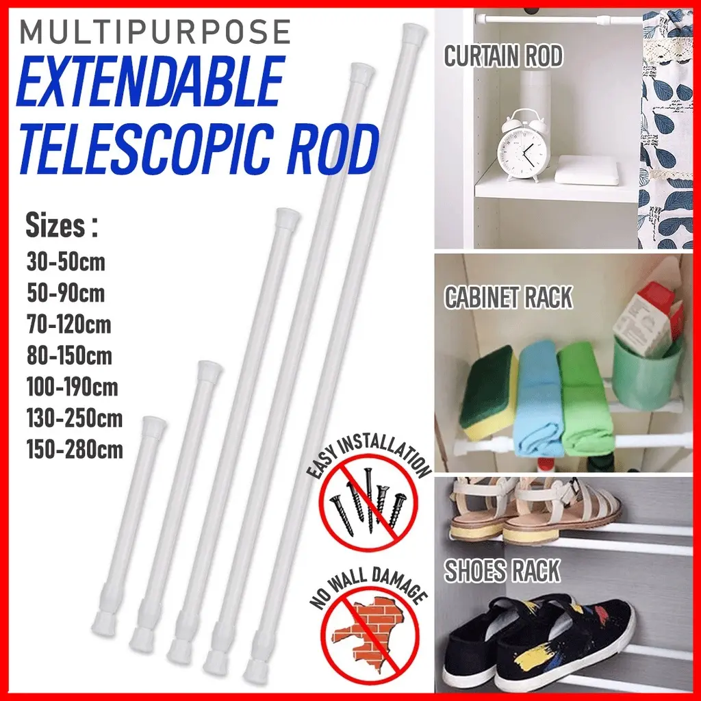 30-250cm Tiang Teleskopik Multifungsi/ Tiang Penyimpanan Pakaian/ Tiang Gantung Pakaian Untuk Tirai Pintu (Tanpa Pengeboran) Logam