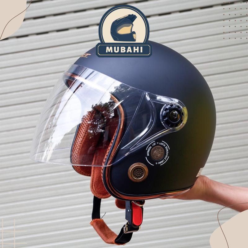  Mũ bảo hiểm 3 4 có kính dài trong suốt lót nâu viền đồng dành cho nam nữ - Hàng cao cấp Helmet 
