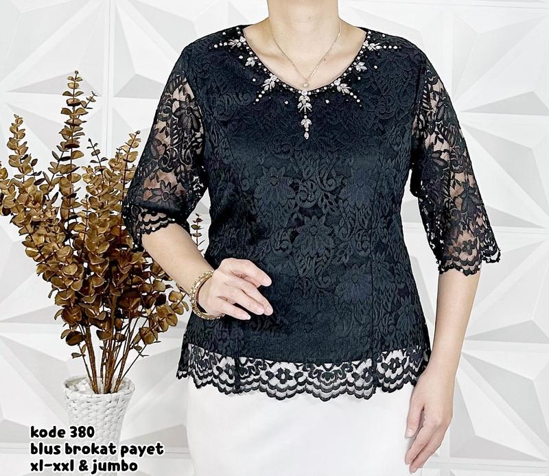Baju Atasan Wanita Brokat Semiprancis Amanda Khusus Hitam 0