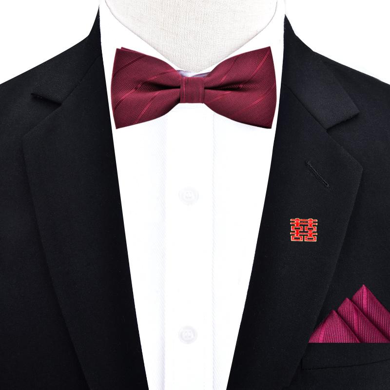 Product Introduction of Groom's Wedding Tie Pocket Scarf Square Scarf Chest Needle Breast Flower Three piece Set Red Bow Men's Black Gentleman 6