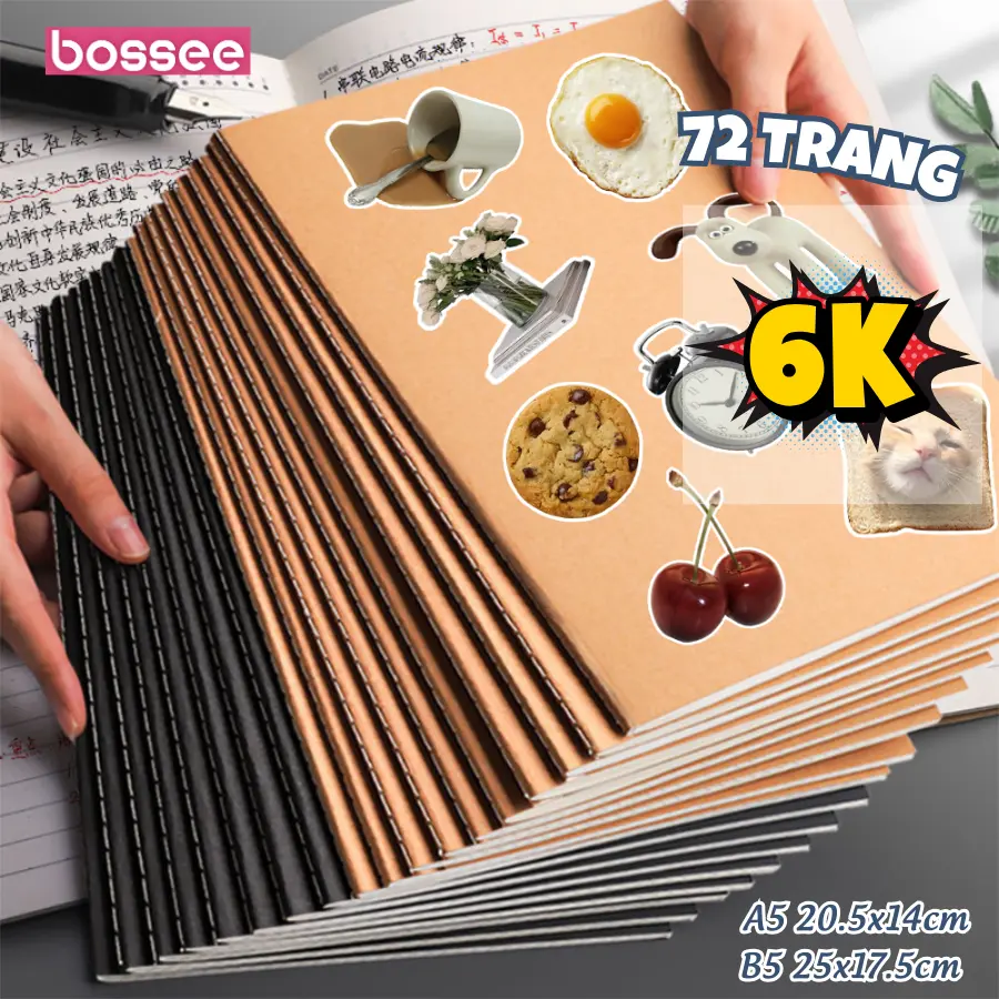 Set 5 Sổ khâu gáy A5/B5 72 Trang, vở học sinh bìa kraft đơn giản màu nâu đen (36 tờ), vở ghi chép giấy kẻ ngang, kẻ vuông - Giấy chất lượng cao, dày dặn chống lóa cho học sinh sinh viên - SIJIN