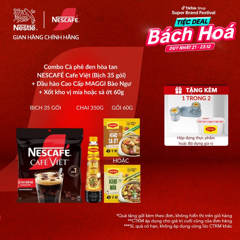 Voucher giảm thêm 15% Nestle VN Combo Bịch Cà phê đen hòa tan NESCAFÉ Café Việt Bịch 35 gói x 16g + Chai Dầu Hào Cao Cấp MAGGI Bào Ngư Mới 350g + Gói xốt nền gia vị giao ngẫu nhiên vị kho Mía hoặc Sả Ớt 60g-ST