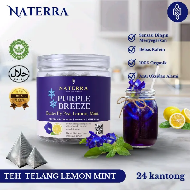 NATERRA Teh Celup Cantik Enak & Sehat Purple Breeze 24 Tea Bag Pyramid Bunga Telang Lemon Mint Menyegarkan 0