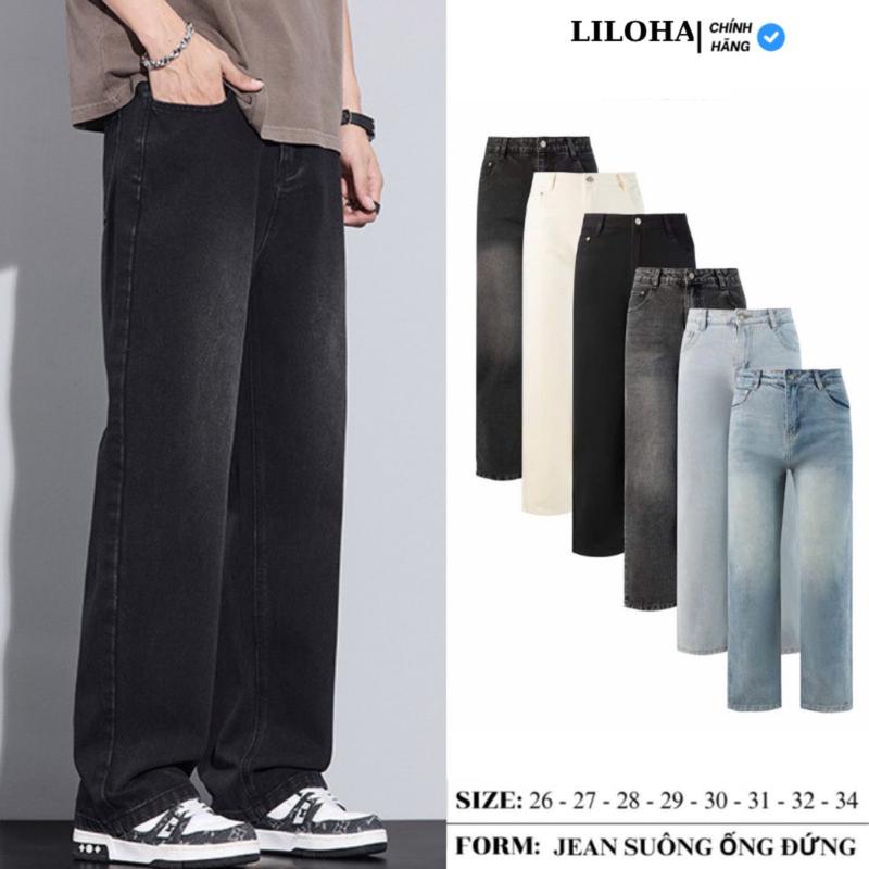 (LILOHA) Quần Jean Nam Suông Rộng Ống Đứng Màu Đen Khói Chất Denim Dày Cao Cấp Phong Cách Retro Basic QX01