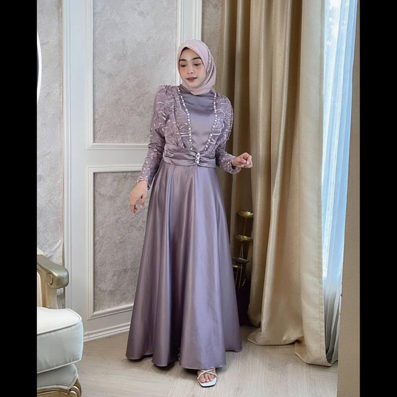 Amirah Dress Gamis Pesta Lebaran 2025 Wanita Kondangan Muslim Remaja Dewasa Mewah Maxi Satin Seragaman Simple Mutiara Gaun Rok Mayung 4