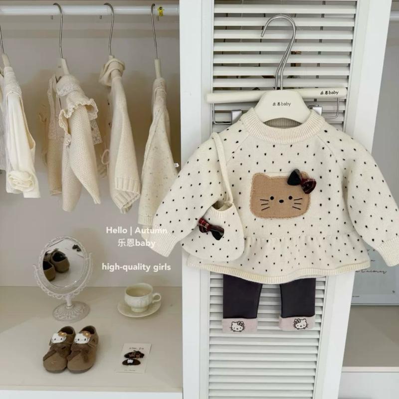 Sale Cá Mập Con - Ts575: Tách Sét Áo Len BE Mèo Chấm Bi Be Kèm Túi Quần Legging Kitty Nâu Bé Gái Qccc