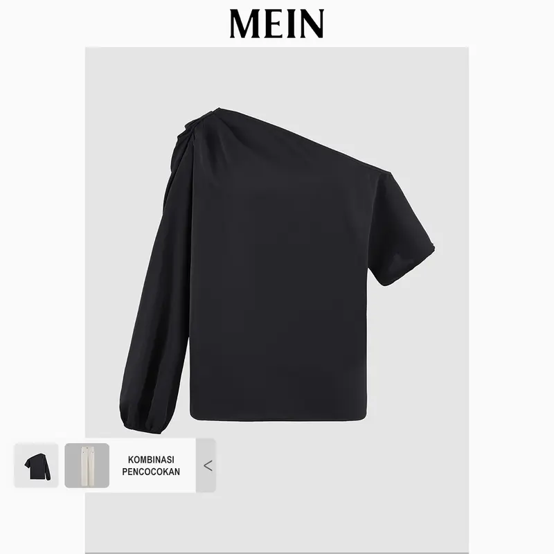 [MEIN] Elegant Kaos Off Shoulder Wanita Baju Atasan Lengan Panjang Hitam Top Cewek Basic Casual 4371 2