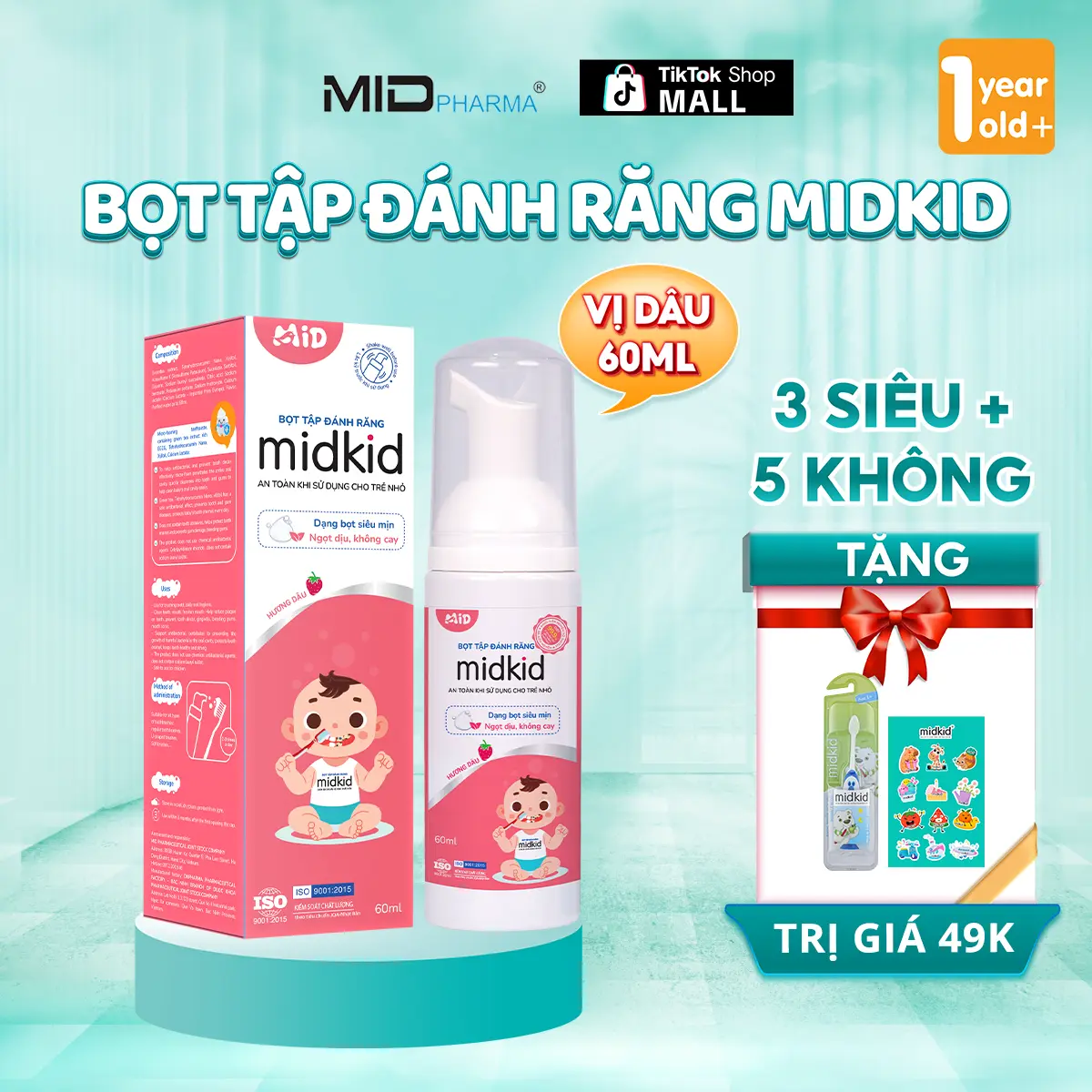 Bọt tập đánh răng Midkid cho trẻ từ 1 tuổi nuốt an toàn, vị Dâu ngọt 60ml, hữu cơ, không Fluoride, không chất hoá học - Tặng Bàn chải thẳng + Sticker