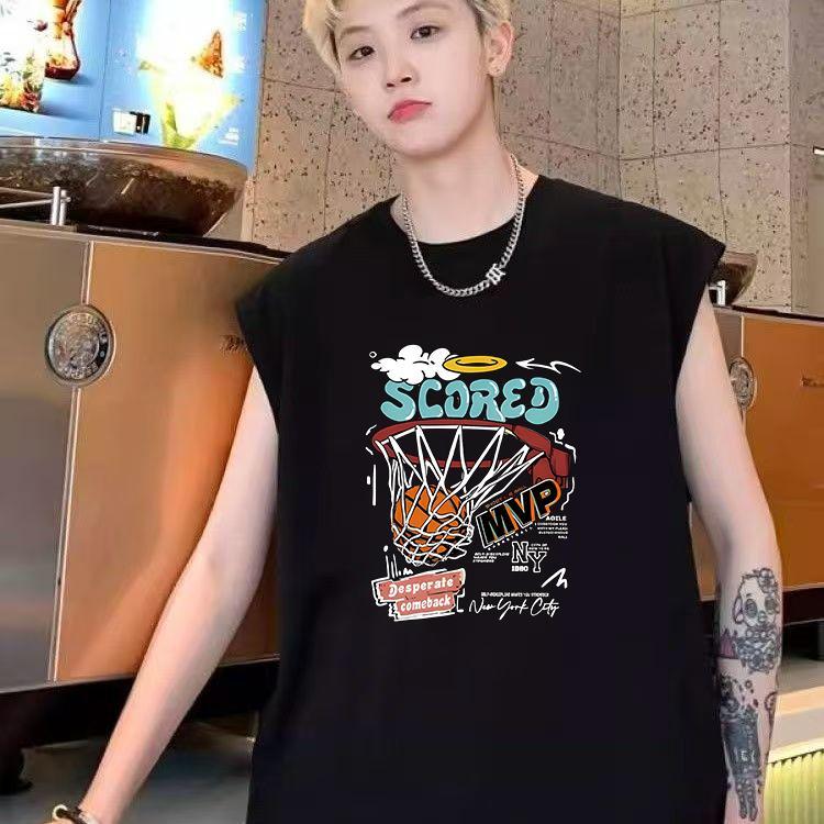 Rompi longgar tanpa lengan bergaya Amerika warna hitam putih untuk latihan kebugaran pria, atasan pria kasual dan serbaguna untuk sehari-hari, kaos pria.