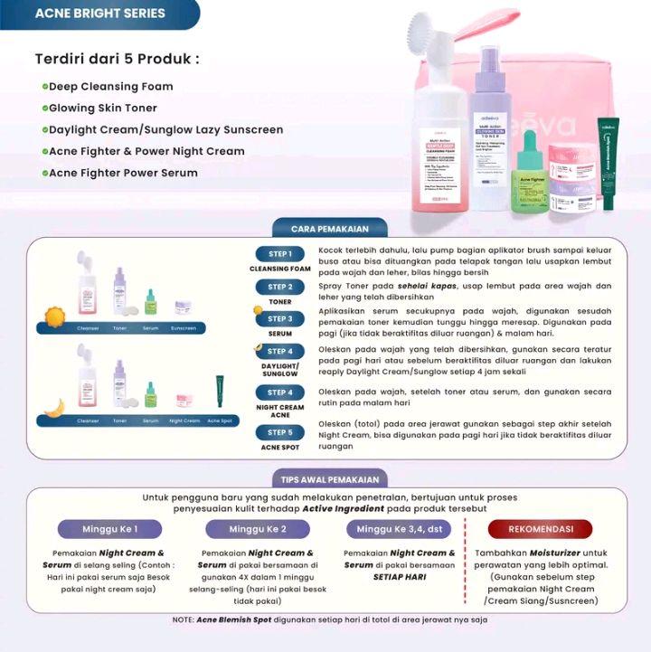 [ADLEEVA Minva] - (Paket  Pemula ISI 4) WHITENING Glow Booster / ACNE Bright Series Basic - Mencerahkan bantu samarkan flek hitam, Paket perawatan kulit berjerawat dan bekas jerawat secara maksimal BPOM HALAL 9
