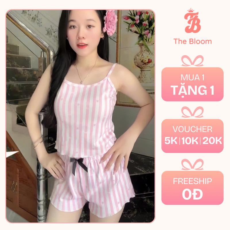  THE BLOOM Set bộ đồ ngủ sọc trắng hồng áo 2 dây kèm quần short phối nơ ống xòe set ngủ tiểu thư chất cotton Loungewear - SE016 Nữ Women Top bongu quyen ru bộ  ngủ  thun    2  dây 