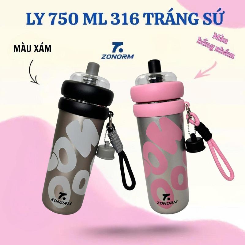 Ly giữ nhiệt ZONORM 750ml Inox 316L hút trân châu ruột tráng sứ nắp nhựa Tritan 4 màu - tặng kèm móc khóa treo cute