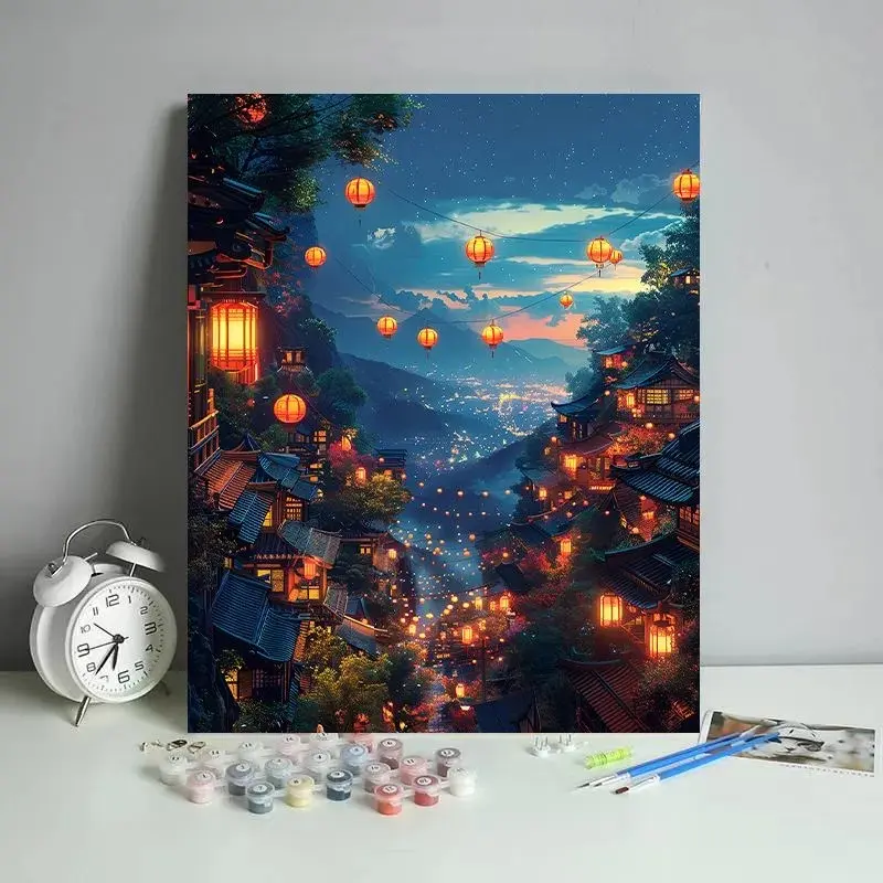 Tranh Đổ Màu Theo Số, CAISIHUI, Thiết Kế Cảnh Đường Phố Đêm Đèn Lồng, 40x50cm, Phong Cách Trung Quốc Tự Làm, Cảnh Quan Thị Trấn, Tranh Treo Tường Theo Số Màu, Ý Tưởng Quà Tặng Tuyệt Vời 1