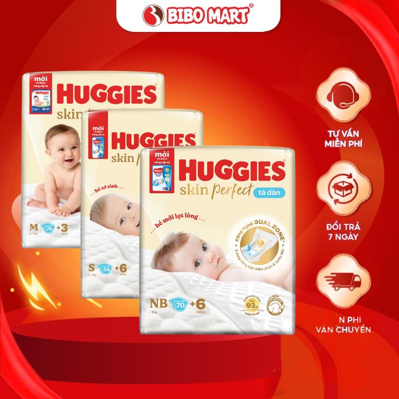  Tã Dán Bỉm Quần Huggies Skin Perfect Thấm Hút Tốt Giảm Kích Ứng Mỏng Nhẹ Mềm Mại Cho Bé Có Vạch Báo Size M70 L60 XL52 XXL48 - Bibo Mart 