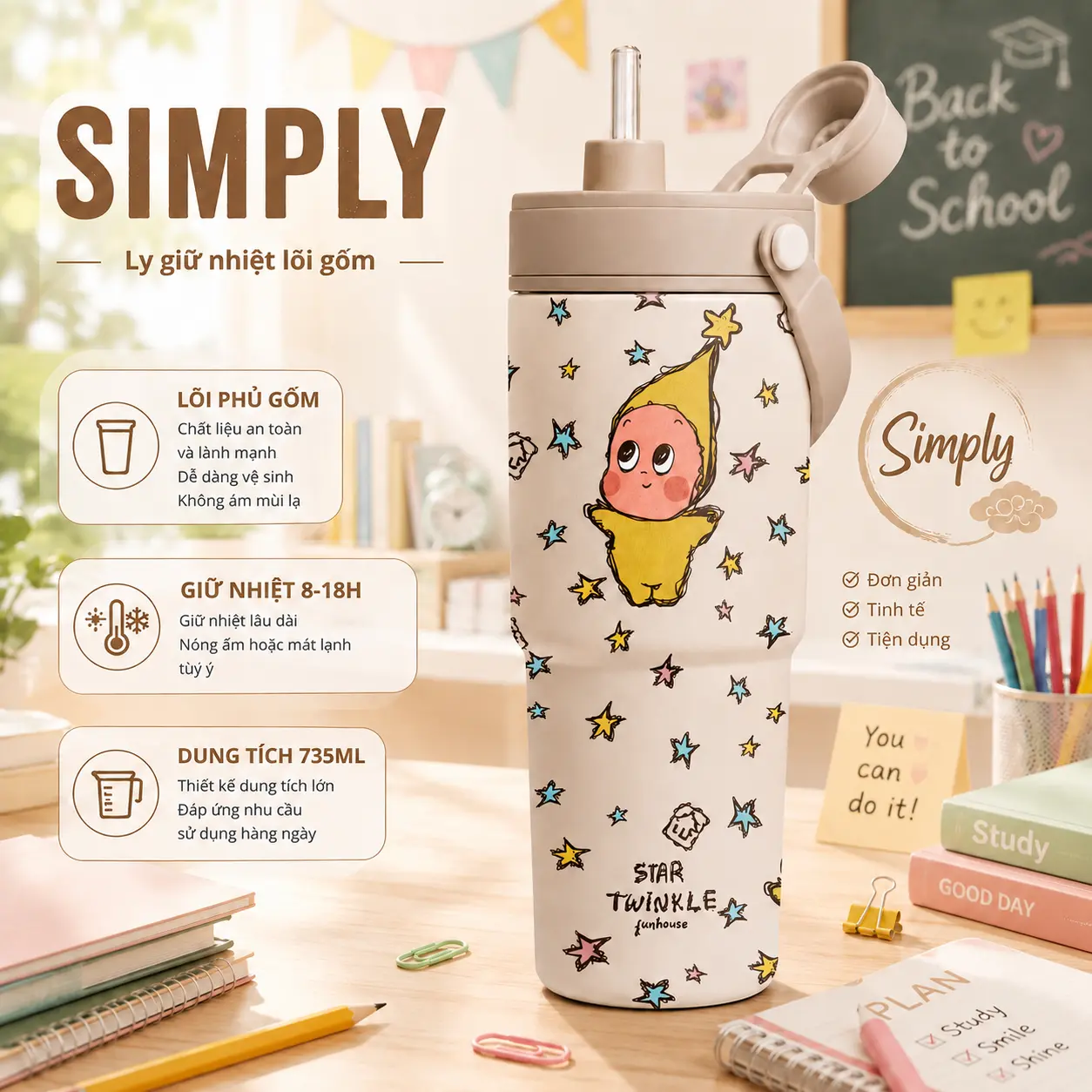 [Tặng Túi Canvas Khi Khắc Tên] Ly giữ nhiệt Simply dung tích 735ml chất liệu inox 316 phủ Sứ cao cấp Fan House khắc tên theo yêu cầu