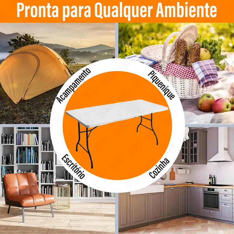 Imagem 8 de Mesa Dobrável Vira Maleta Portátil Com Alça 1,80m Tampo HDPE Estrutura Aço Resistente