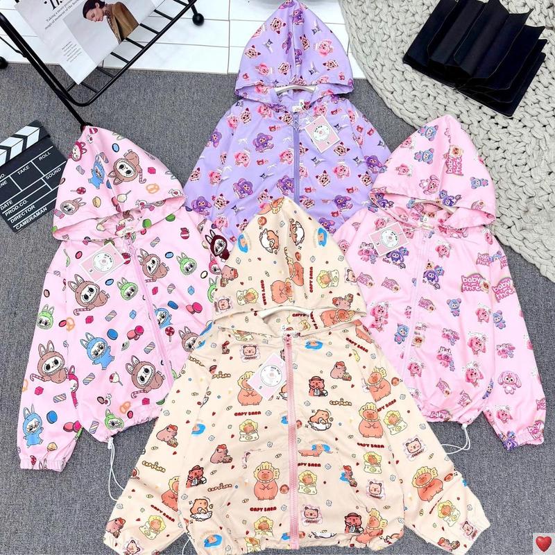   MinMinKid2   20-50kg  ÁO KHOÁC gió 2 lớp in tràn hình Labubu Kru Capy Baby Three cho bé trai và bé gái Voi 
