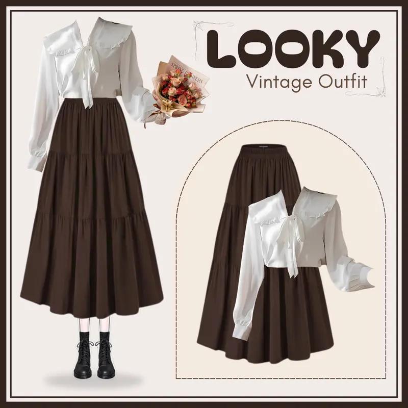 OOTD Vintage Kekinian | Setelan Retro Wanita Kekinian | Blosue Pita Putih + Rok Ruffle Coklat SK006 0