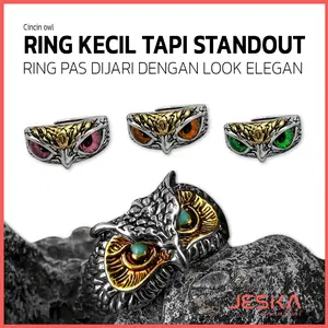 Cincin kece pria titanium bentuk owl mata merah biru orange hijau ungu biru pink