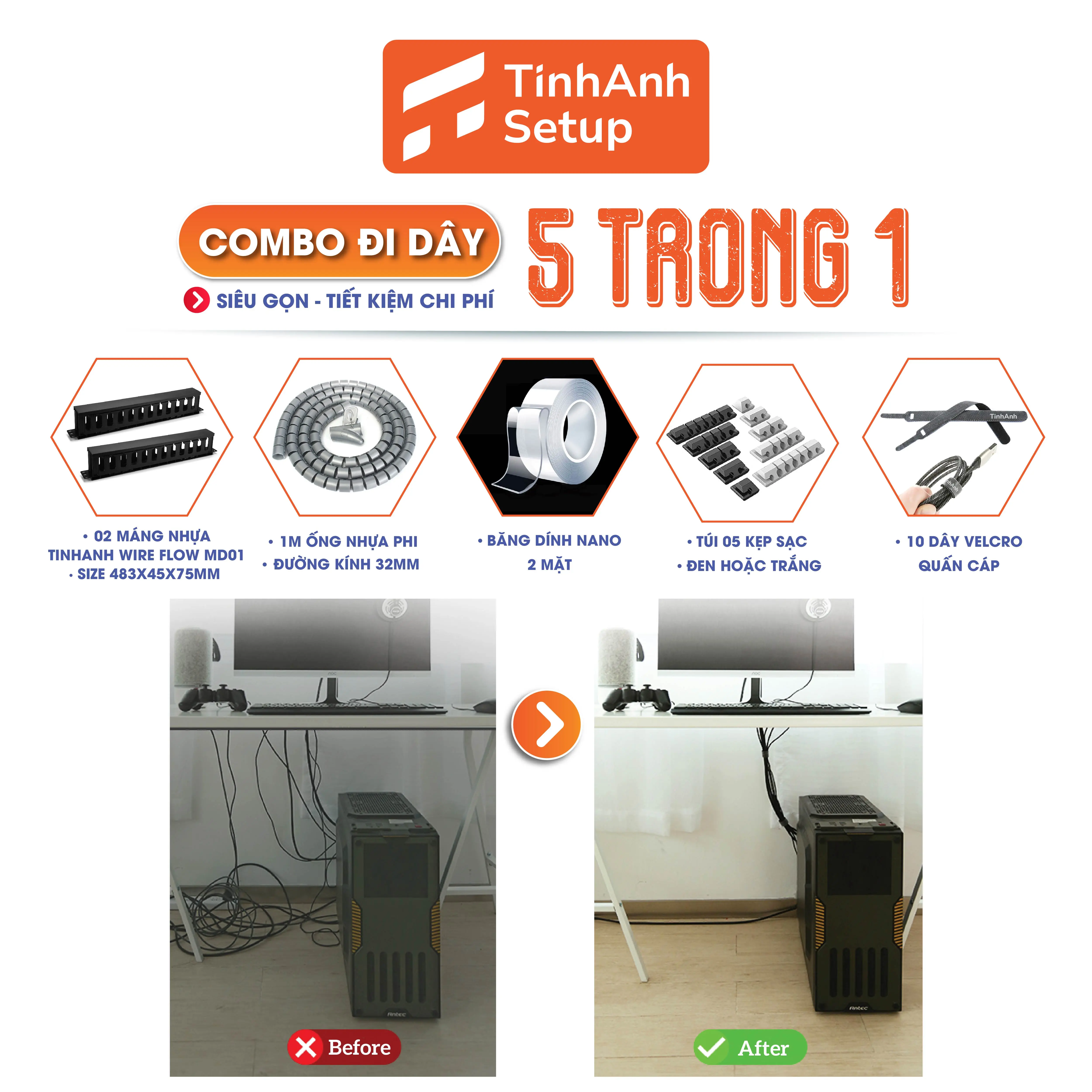 COMBO Đi Dây Điện 5 Trong 1 Siêu Gọn Tiết Kiệm Diện Tích Góc Làm Việc Học Tập Bao Gồm Máng Nhựa Đi Dây Điện, Ống Nhựa Phi, Kẹp Sạc Dây Diện Dây Sạc, Băng Dính 3M