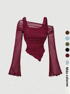 Top corto de malla para mujer con hombros descubiertos, Primavera/Verano | Color burdeos, cintura fruncida, manga larga acampanada y corte asimétrico | Estilo Y2K baddie coquette para citas nocturnas, clubes, fiestas y salidas