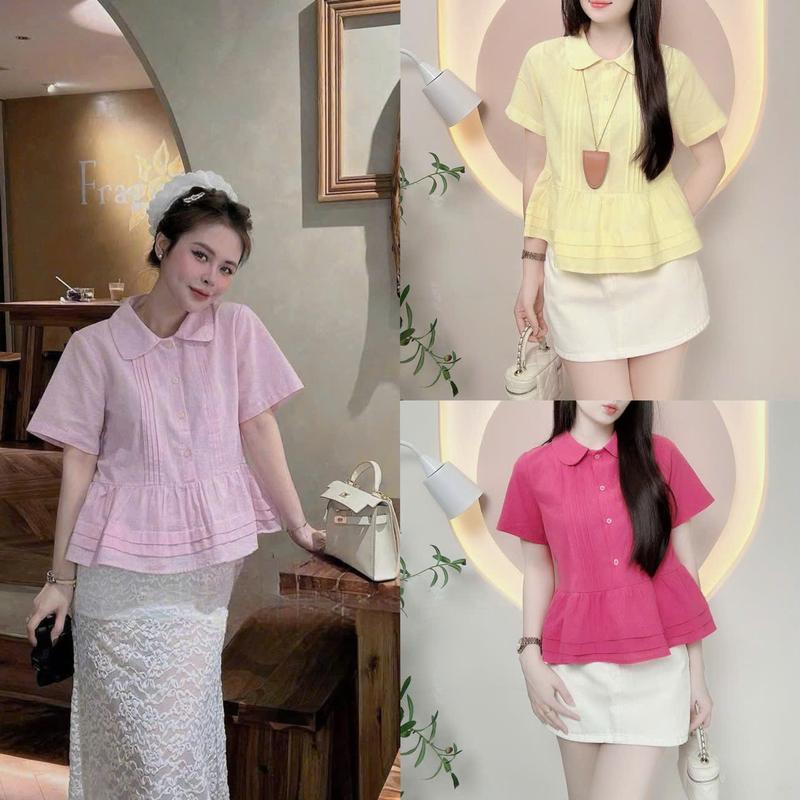 Áo sơ mi nữ kẻ sọc dáng babydoll nhẹ nhàng tay ngắn trẻ trung LAMO - B1424