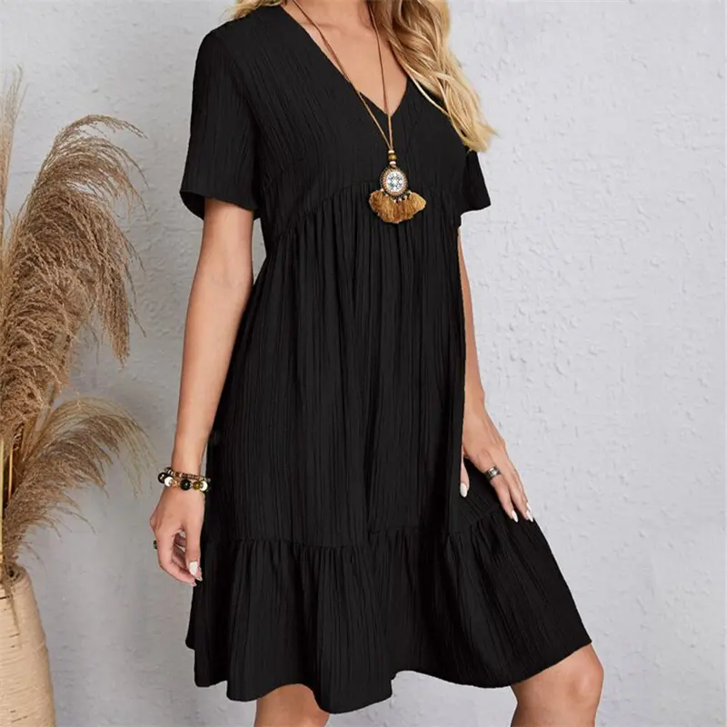 Women Vintage Mini Dresses Summer Solid Casual V Neck Ruffles Dress Ladies Boho Loose Beach Party Elegant Dress Vestidos DF4912