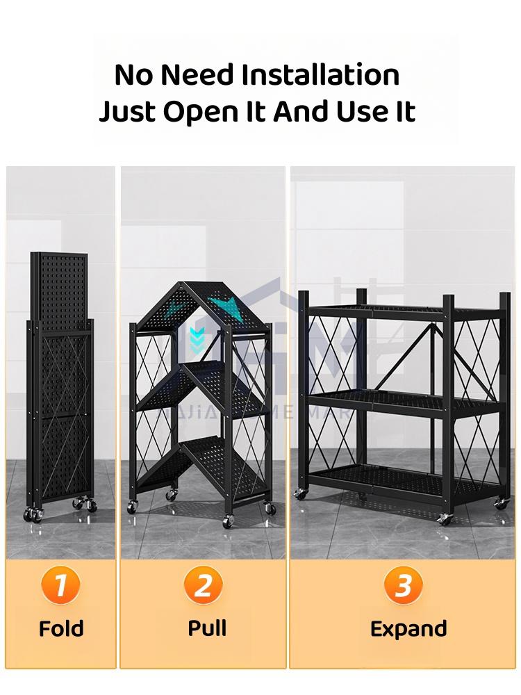 Product Introduction of [SG STOCK] Installation free kitchen folding metal storage rack shelf floor standing multi-layer household pots and ovens microwave oven storage with movable wheels Organiser Steel 7