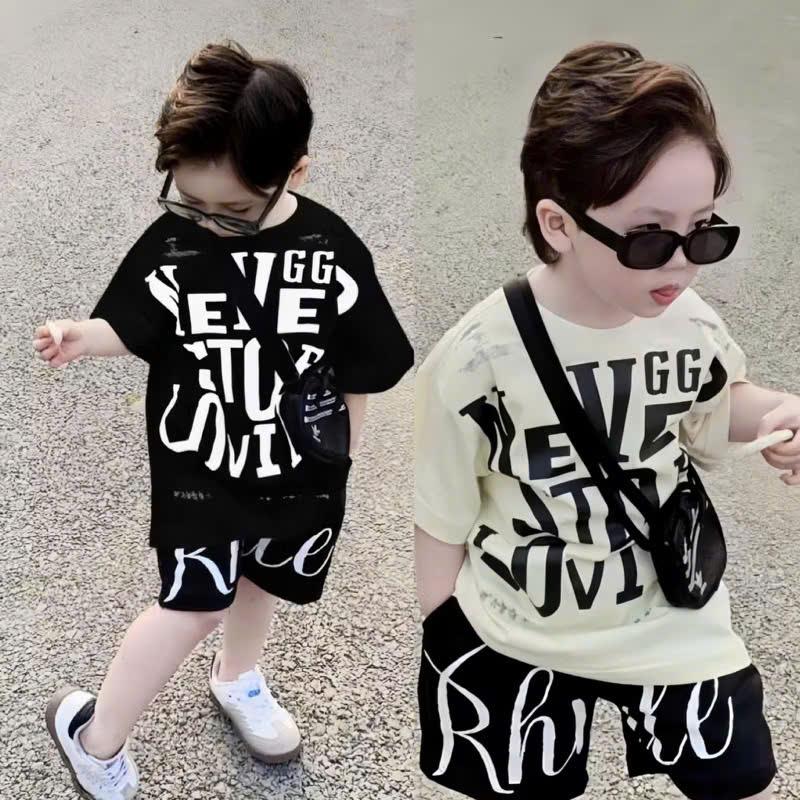  Set bộ cotton mùa hè cho bé quần thun ngắn ống rộng mix áo thun tay ngắn cổ tròn in họa tiết chữ thời trang – Mã Chữ GG 