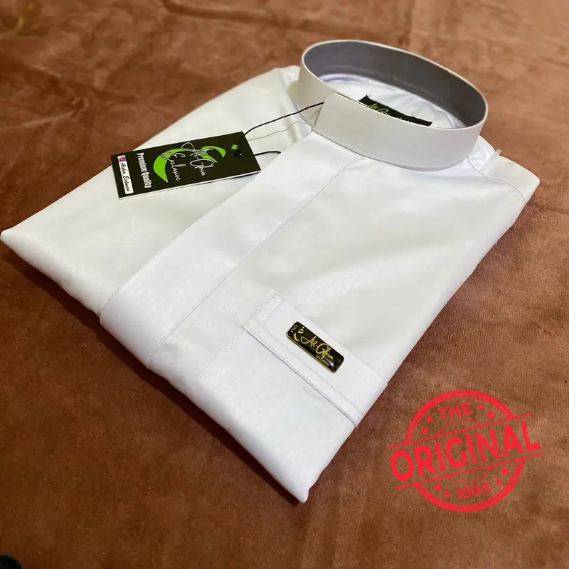 Baju koko putih Original Saudi Polyester Import lengan panjang polos / Baju Pria Muslim Elit, Mewah, Berkelas dan Berkualitas Alghin Exclusive 01 4