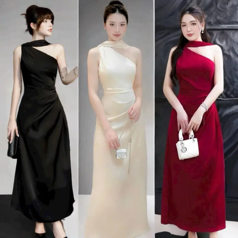 Đầm Lụa Dự Tiệc Lệch Vai Cao Cấp Holy Dress Nữ Women - Chất Lụa Hàn Châu 2 Lớp Không Xước Có Sẵn Mút - Nữ Women Kem Sen váy  phù váy  phù dâu vaytet váy  dâu đi bàn Voan chỉ giặt tay đỏ hồng váy  body dáng dài Voi vaynoel váy lụa sang chảnh đồ  đỏ mặc tết