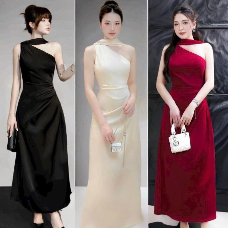  Đầm Lụa Dự Tiệc Lệch Vai Cao Cấp Holy Dress Nữ Women - Chất Lụa Hàn Châu 2 Lớp Không Xước Có Sẵn Mút - Nữ Women Kem Sen váy  phù váy  phù dâu vaytet váy  dâu đi bàn Voan chỉ giặt tay đỏ hồng váy  body dáng dài Voi vaynoel váy lụa sang chảnh đồ  đỏ mặc tết 