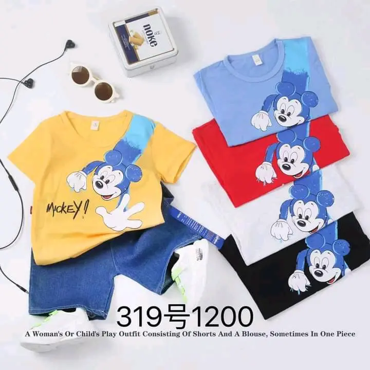 setelan kaos celana jeans motif mickey mouse (2-3th)