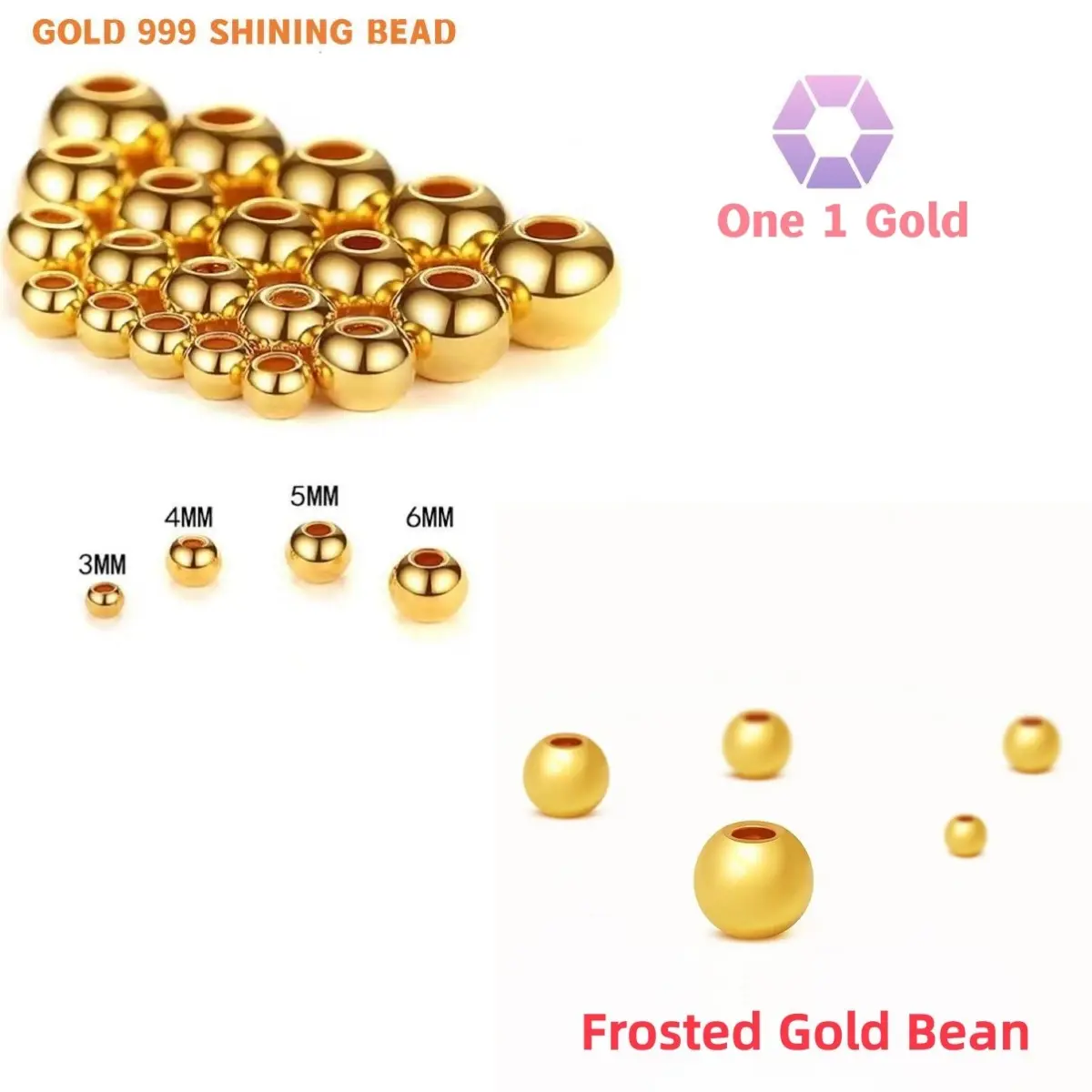 Manik Emas 3,4,5,6mm Shining & Kasar Bean Emas 999 24K